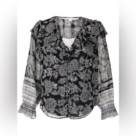 Veronica Beard Silk Ruffle Sleeve Floral Blouse in Black Green Multi Size Small. - Picture 1 of 12